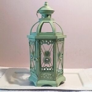 Pier Import Vtg. Elegant Green Lantern Candle Holder ⚜️ Glass Inserts